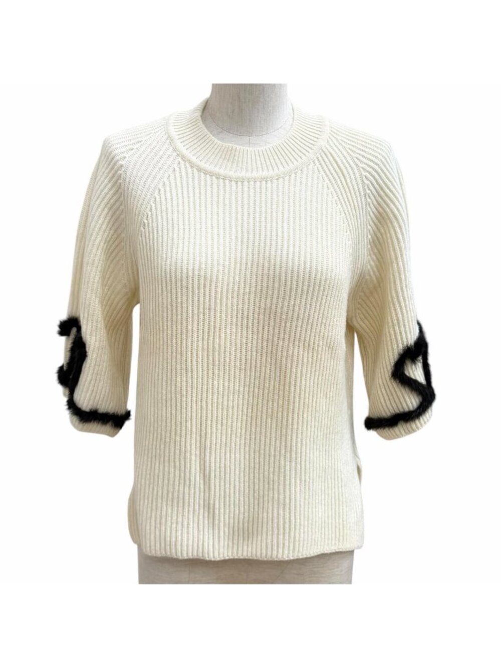 Fendi Wool Cashmere Blend Mink High Neck Short Sleeve Knit Ivory Black 42